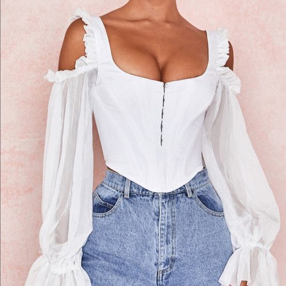 House of CB Claudette White Mesh Sleeve Coset Top
